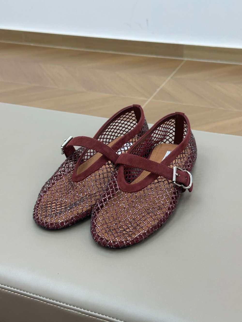 Burgundy Red Alaia Ballet Flats In Strass Fishnet Mary Jane flats - Picture 6 of 6